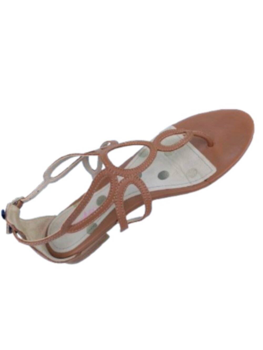 Boden Tan Leather Flat Sandals Geometric Cutout T-Strap, Polka Dots Insole, EU38